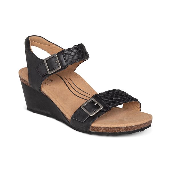 Aetrex Women's Grace Adjustable Woven Wedge Sandals - Black | USA WSHMHPA